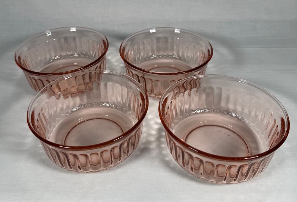 Vintage Fortecrisa Pink Glass Bowls Set of 4 Radiance Ribbed 5" Mexico